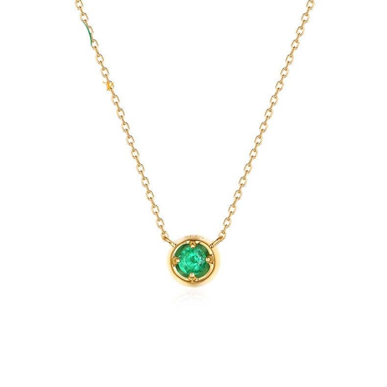 Round Cut Solitaire Round Emerald 14K Yellow Gold Necklace For Sale