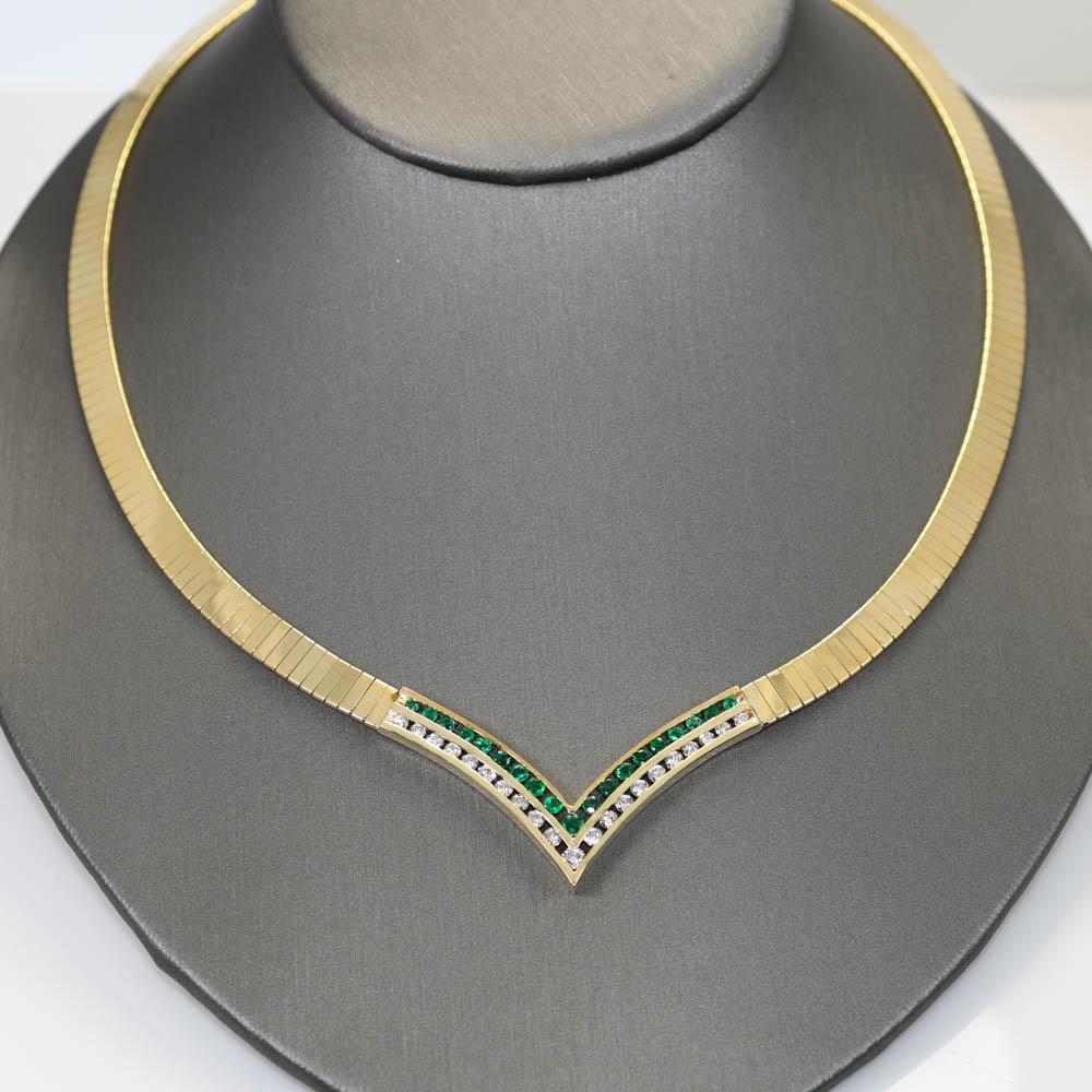 Emerald Cut 14K Yellow Gold Necklace w Diamonds & Emeralds, 1.00TDW 39g For Sale