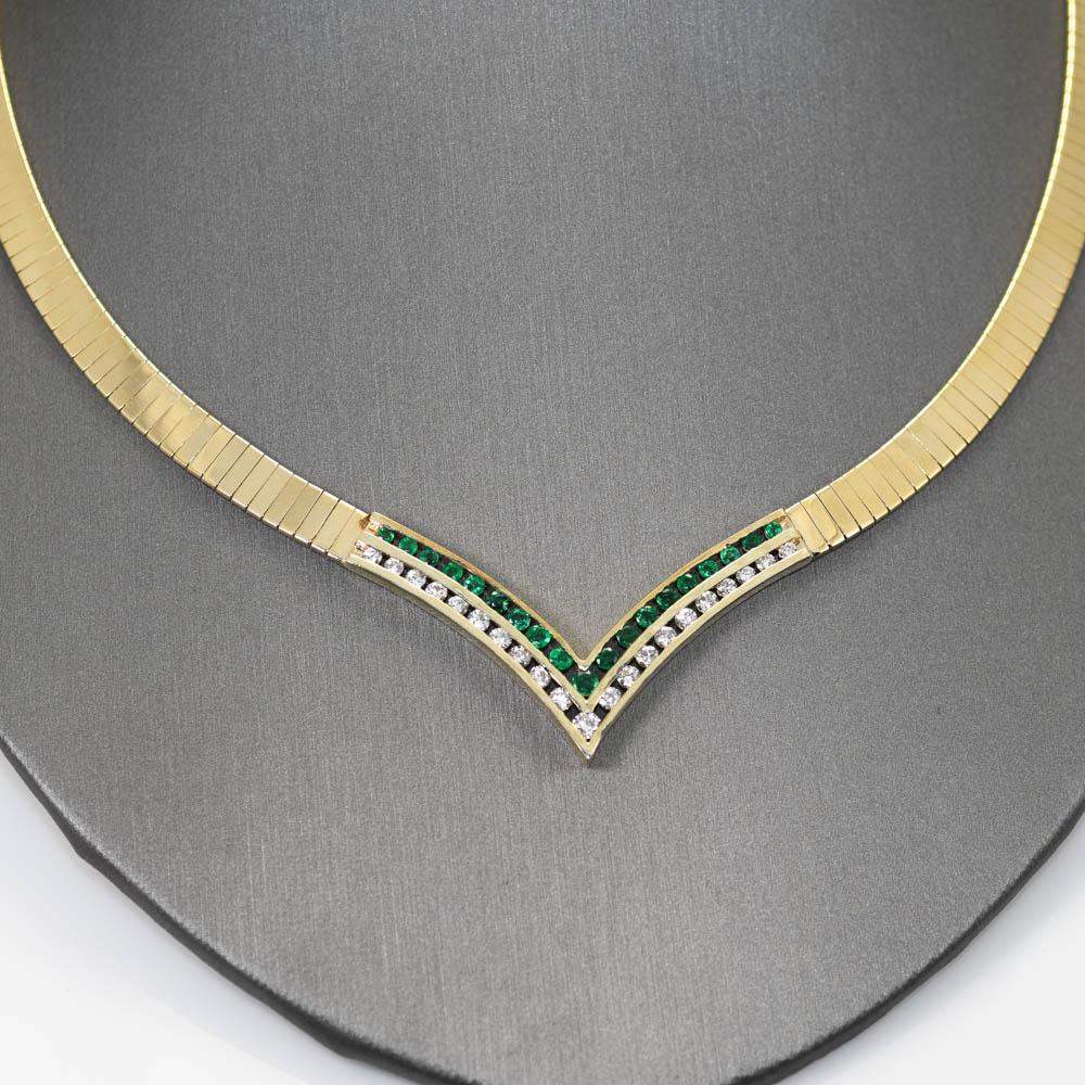 14K Yellow Gold Necklace w Diamonds & Emeralds, 1.00TDW 39g In Excellent Condition For Sale In Laguna Beach, CA
