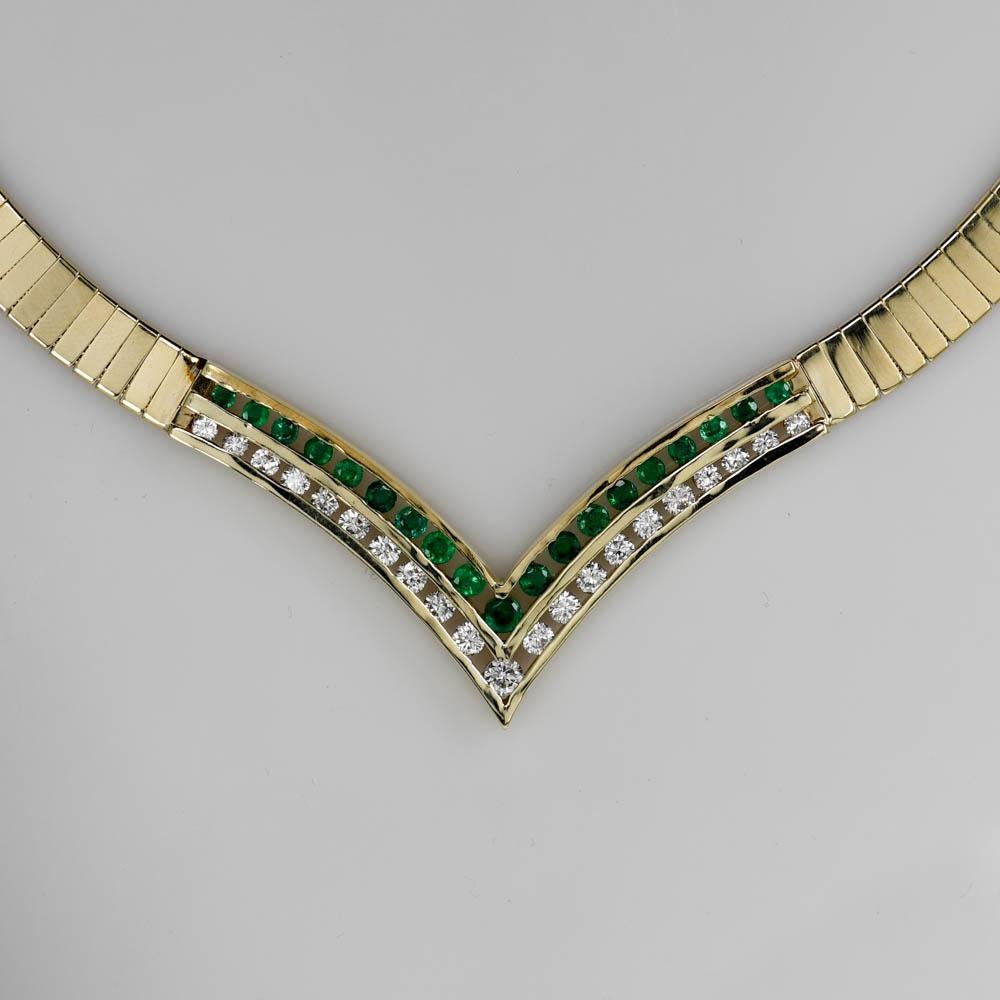 Women's 14K Yellow Gold Necklace w Diamonds & Emeralds, 1.00TDW 39g For Sale