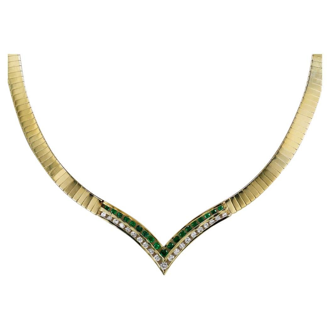 14K Yellow Gold Necklace w Diamonds & Emeralds, 1.00TDW 39g For Sale