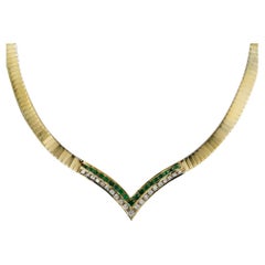 Vintage 14K Yellow Gold Necklace w Diamonds & Emeralds, 1.00TDW 39g