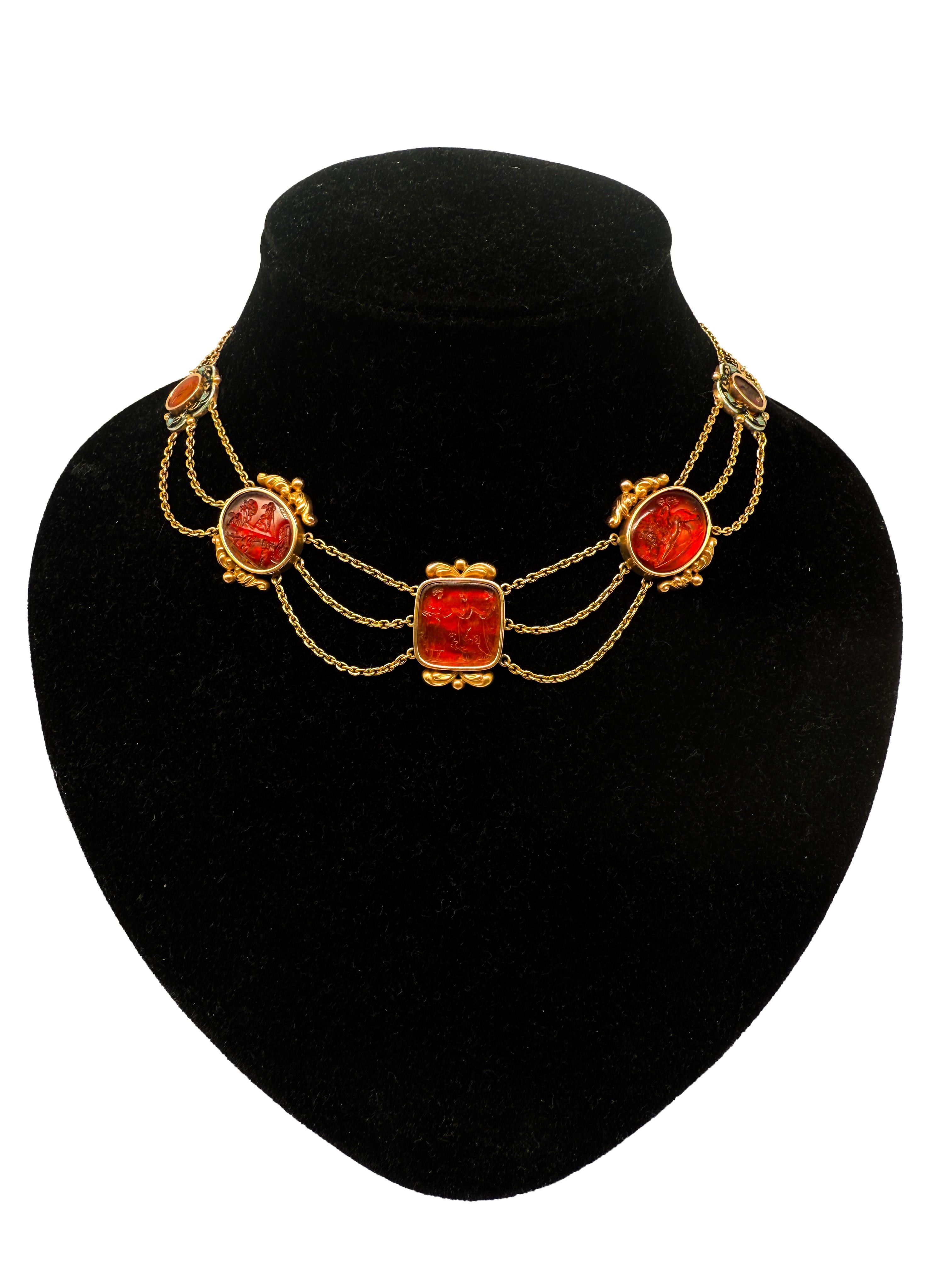 14K Yellow Gold Necklace with Enamel and Engraved Carnelian For Sale 4