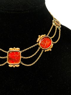 14K Yellow Gold Necklace with Enamel and Engraved Carnelian