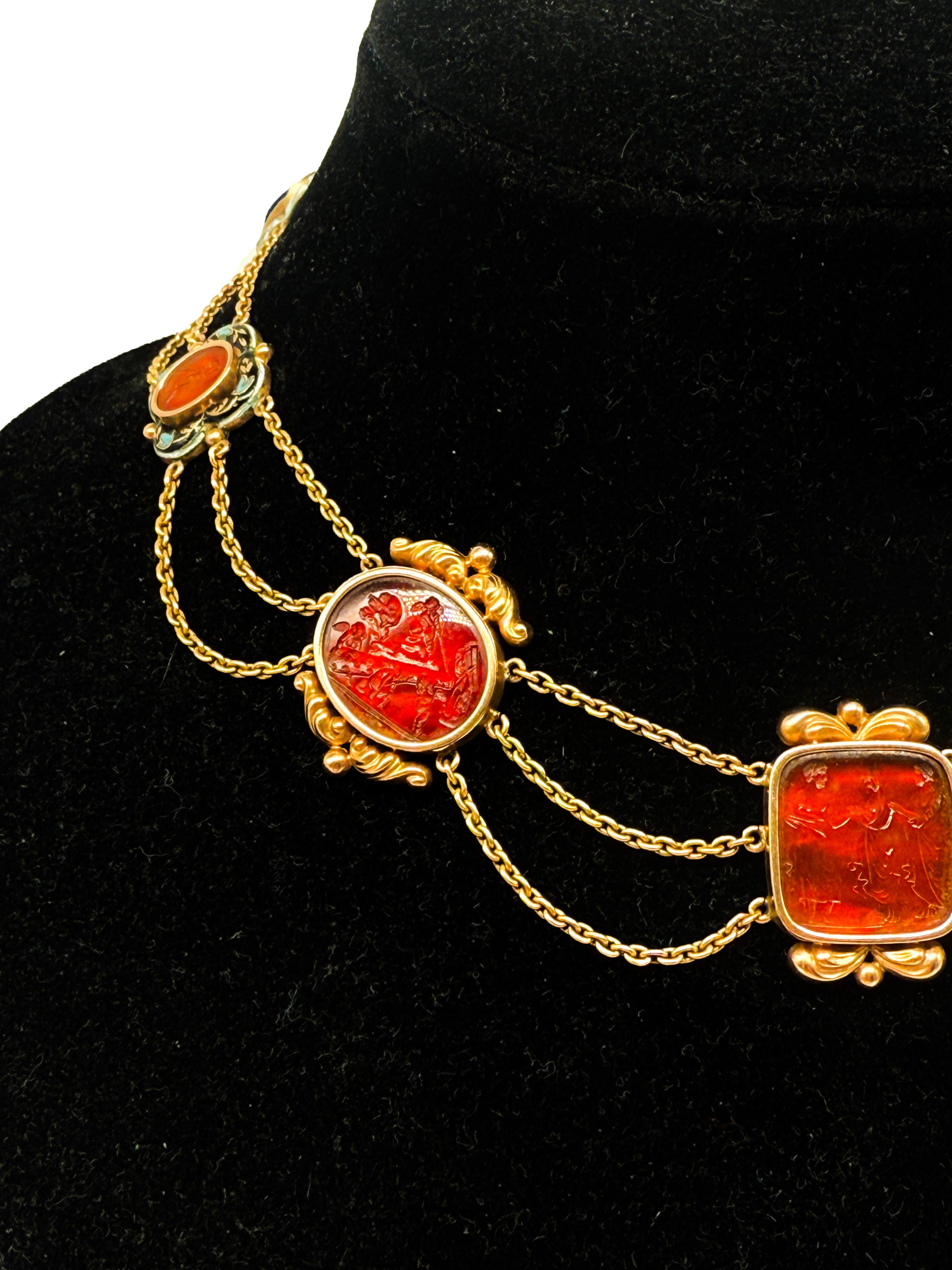 Renaissance Revival 14K Yellow Gold Necklace with Enamel and Engraved Carnelian For Sale