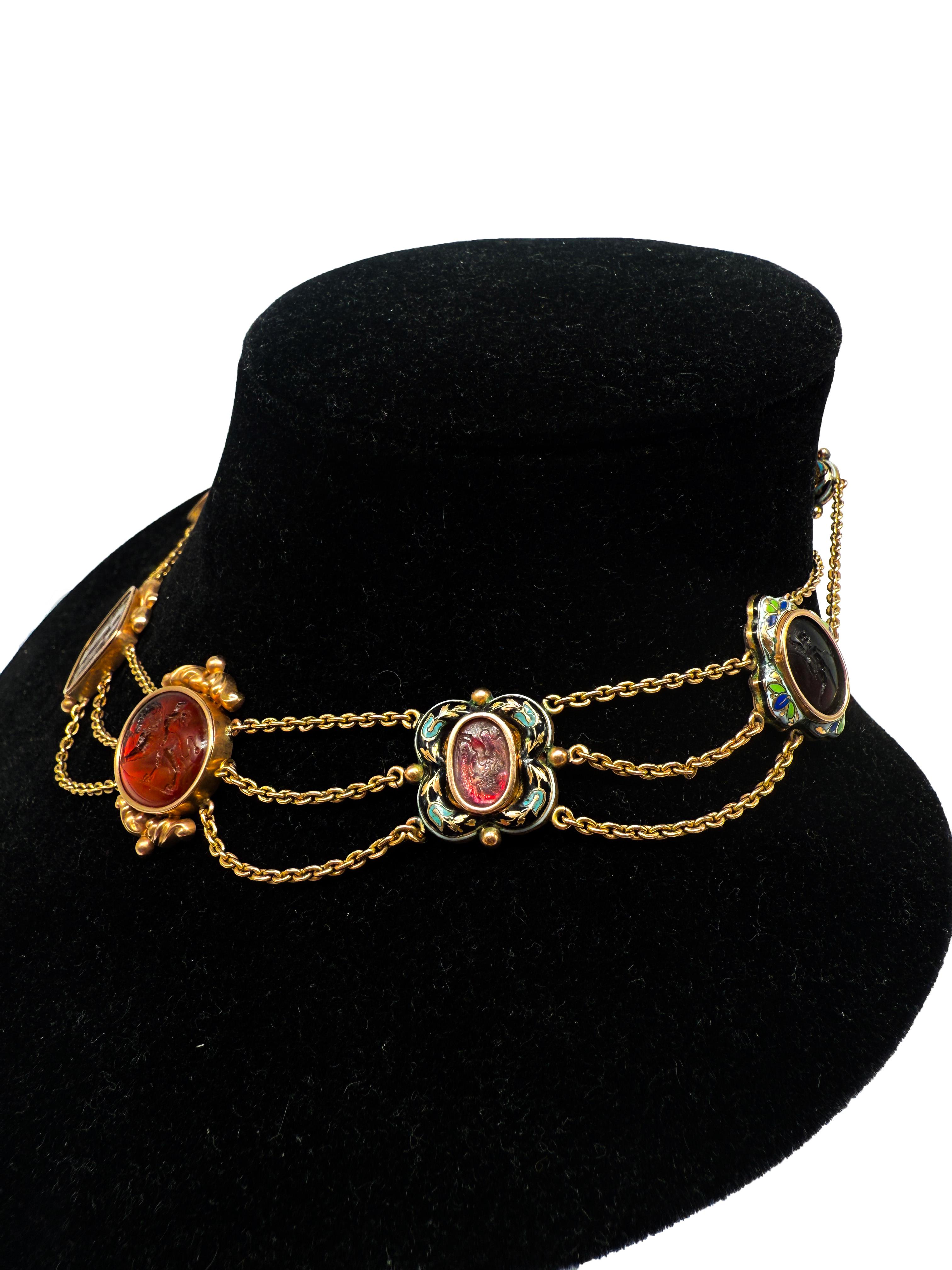 Cabochon 14K Yellow Gold Necklace with Enamel and Engraved Carnelian For Sale