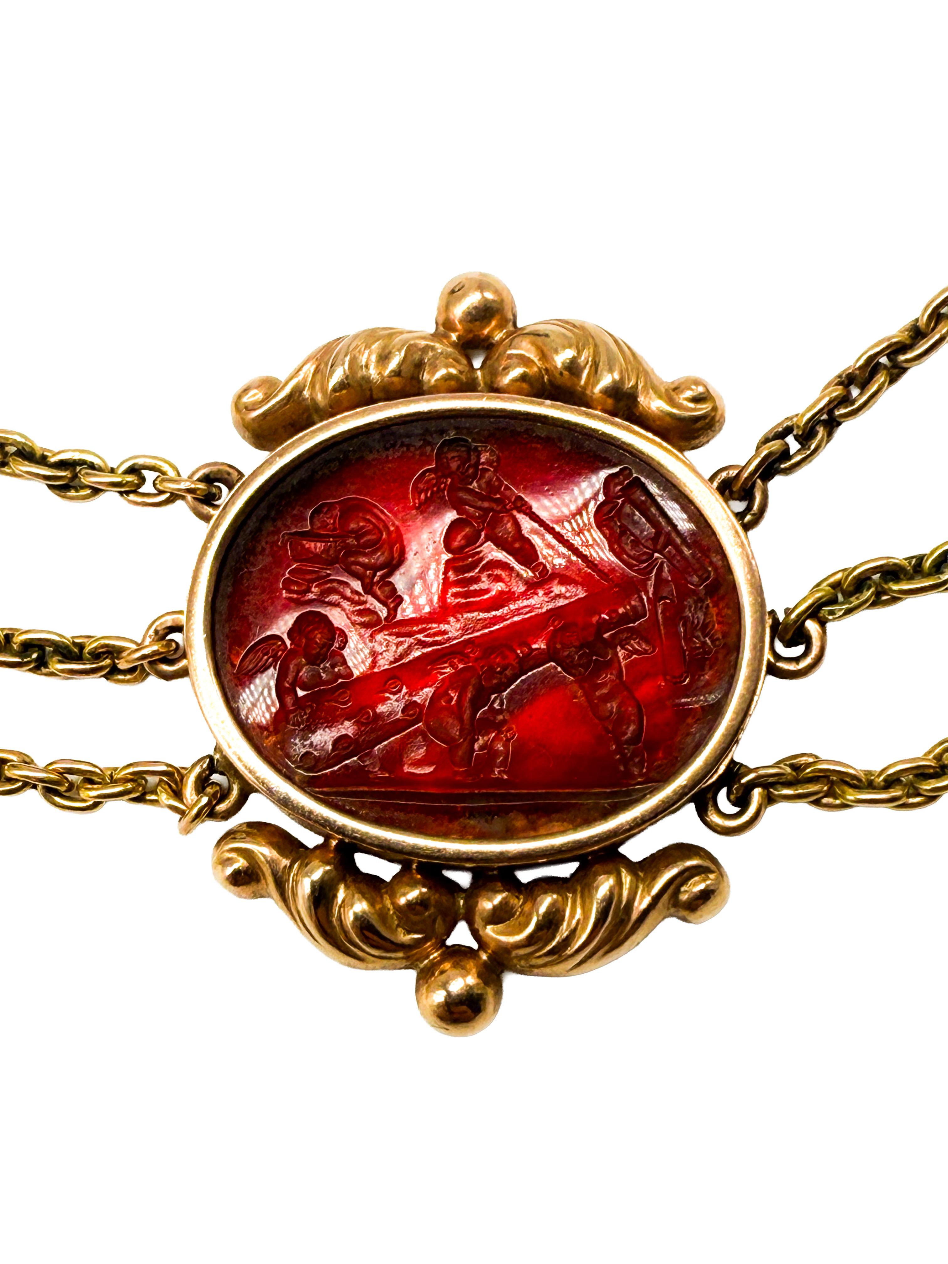 Women's or Men's 14K Yellow Gold Necklace with Enamel and Engraved Carnelian For Sale