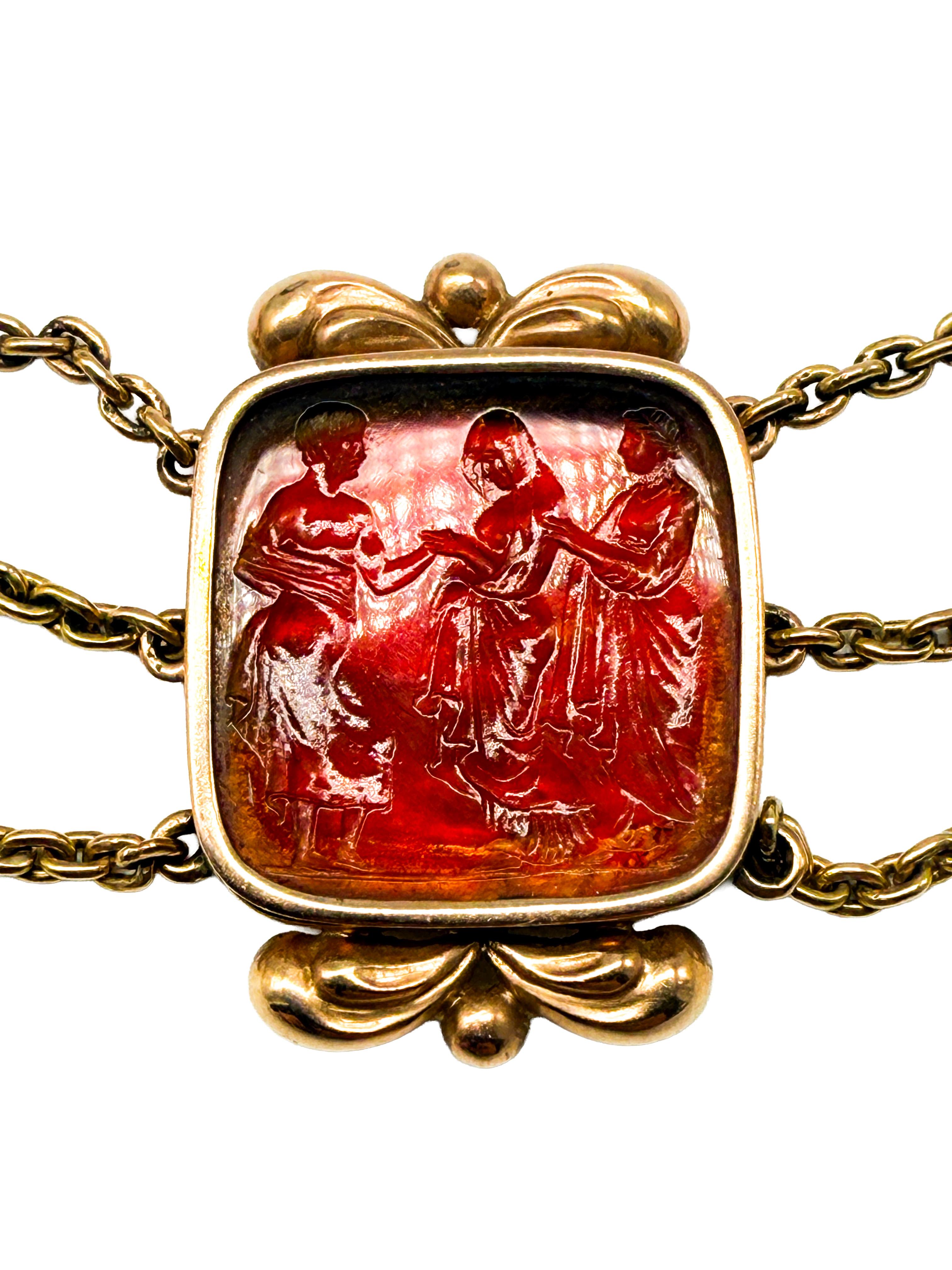14K Yellow Gold Necklace with Enamel and Engraved Carnelian For Sale 1