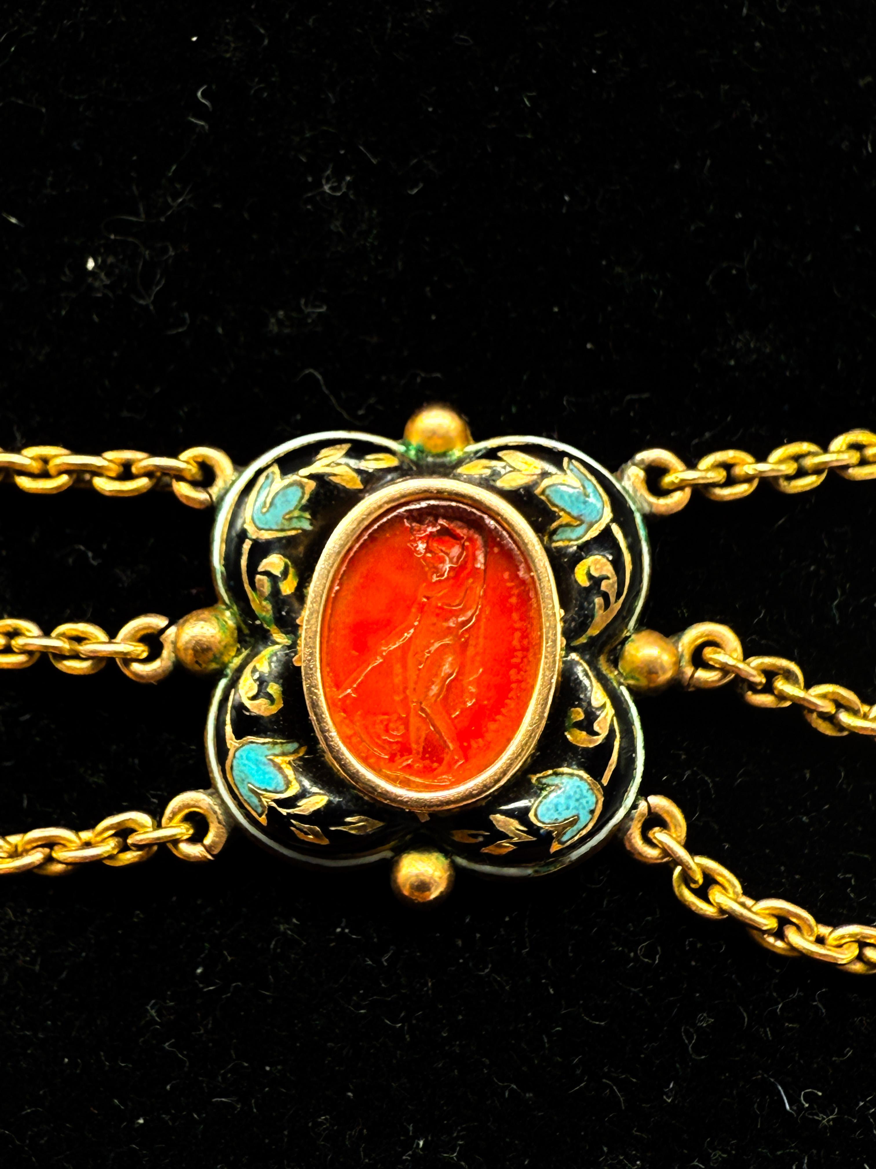 14K Yellow Gold Necklace with Enamel and Engraved Carnelian For Sale 2