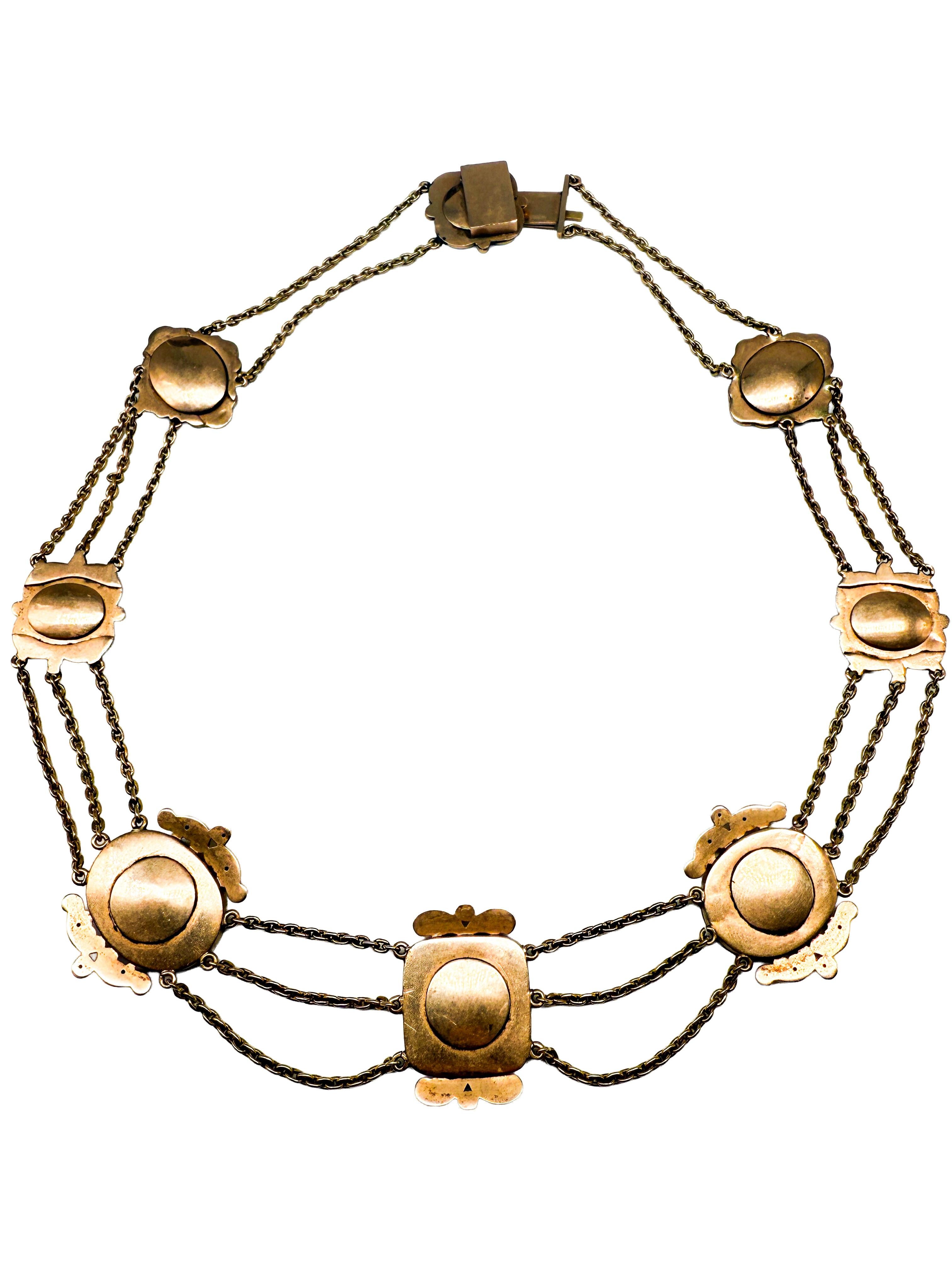14K Yellow Gold Necklace with Enamel and Engraved Carnelian For Sale 3