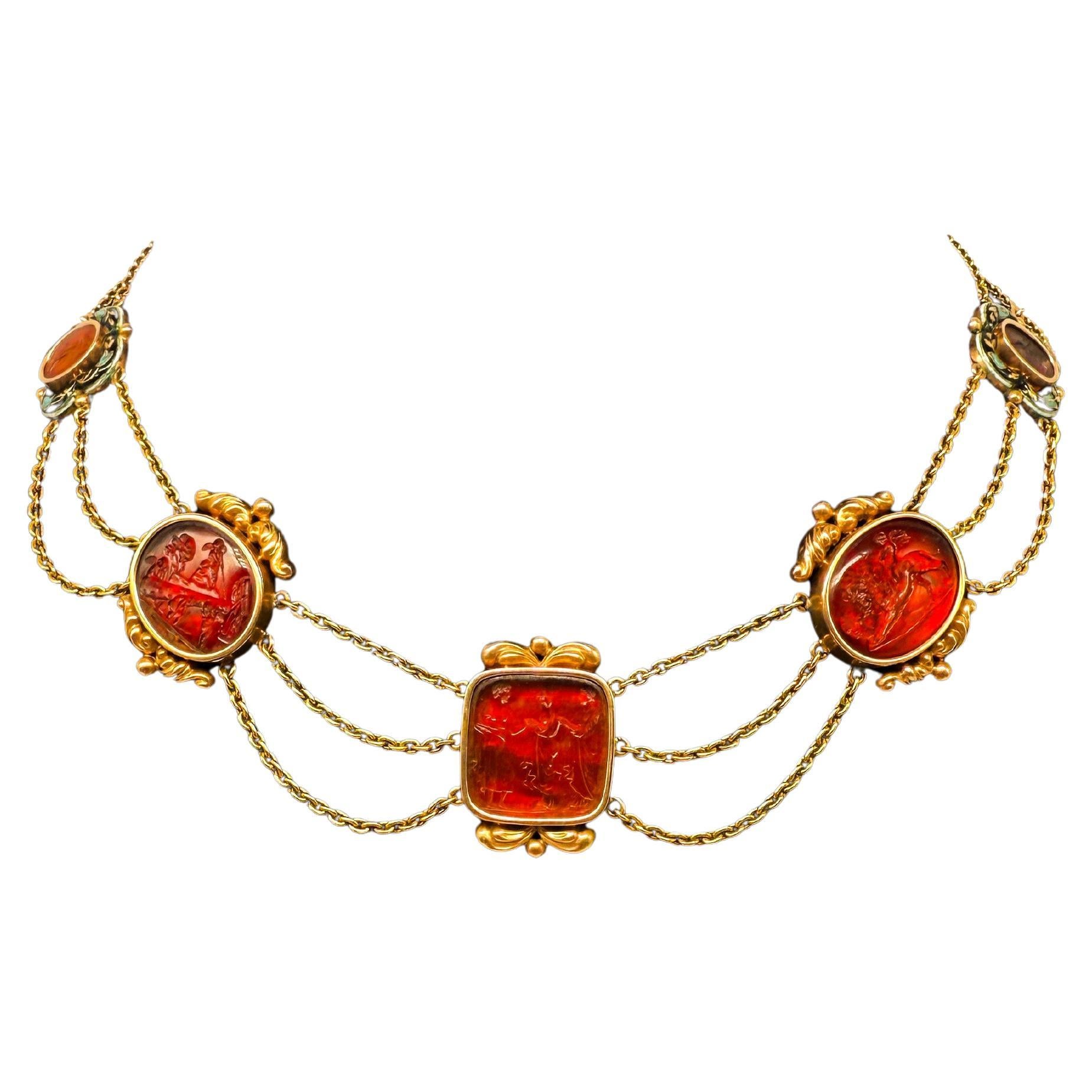 14K Yellow Gold Necklace with Enamel and Engraved Carnelian For Sale