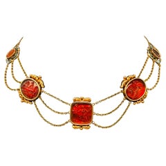 14K Yellow Gold Necklace with Enamel and Engraved Carnelian