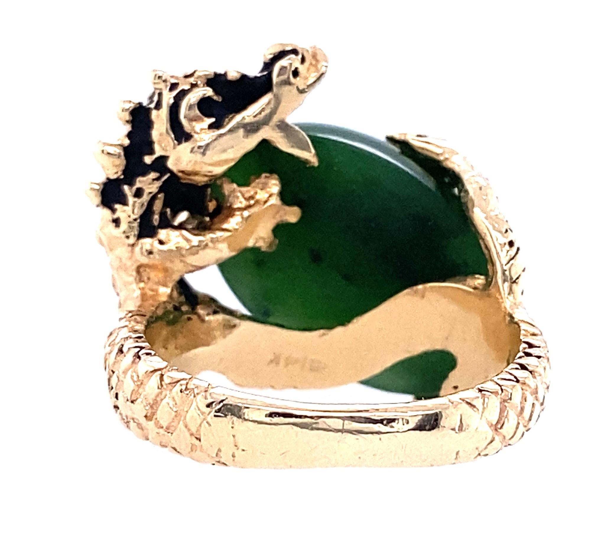 Cabochon 14k Yellow Gold Nephrite Jade Magic Dragon Ring 1960s