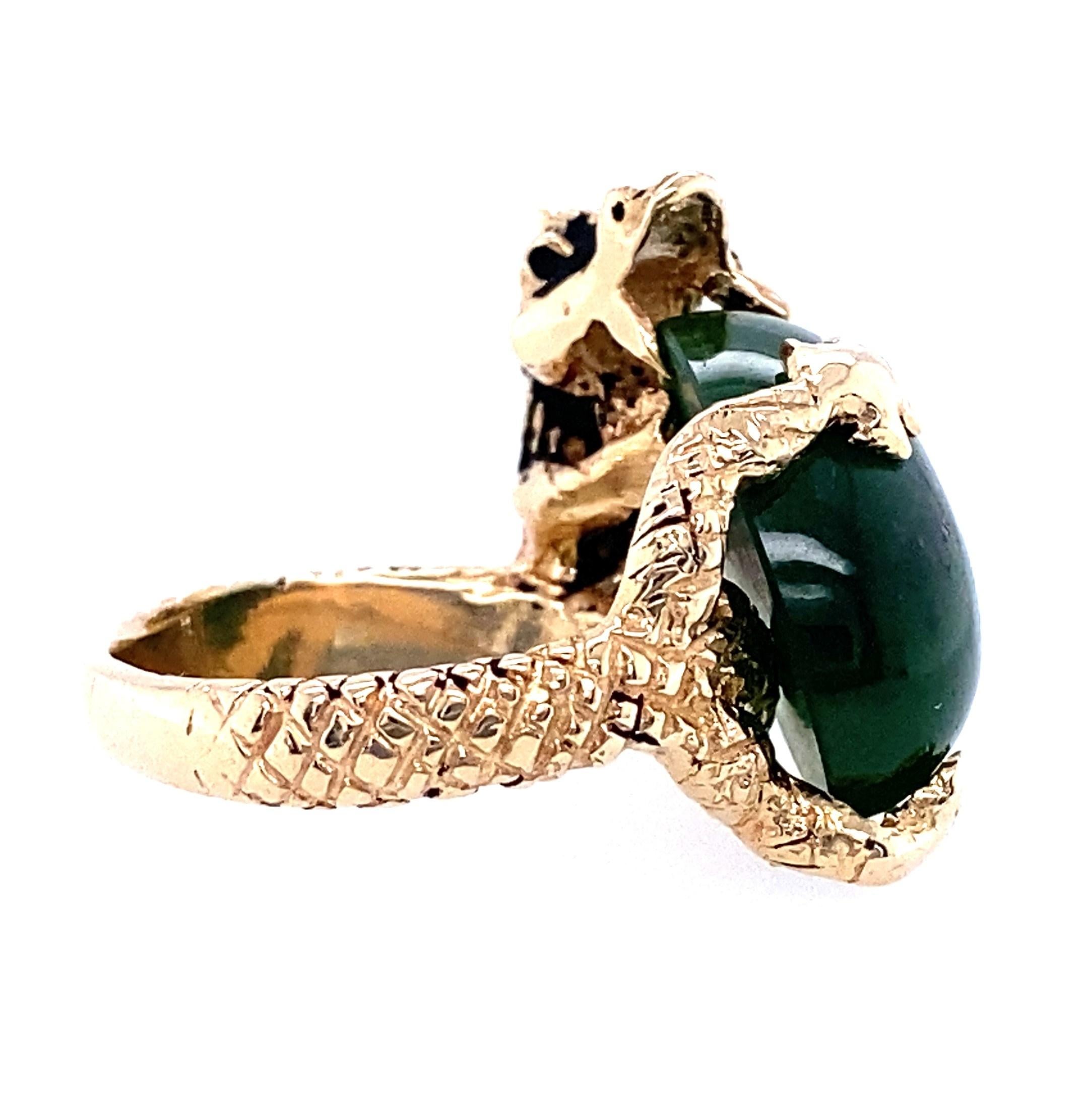 14k Yellow Gold Nephrite Jade Magic Dragon Ring 1960s 2