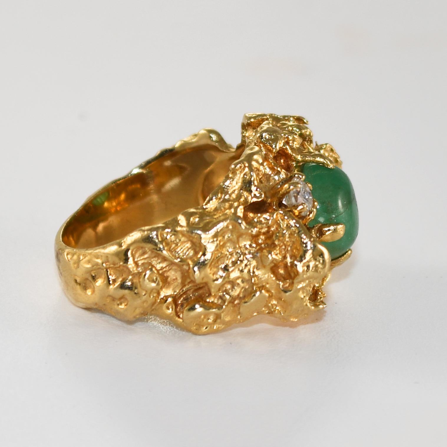 Taille cabochon Bague en or jaune 14K style pépite émeraude et diamant 16.8g en vente
