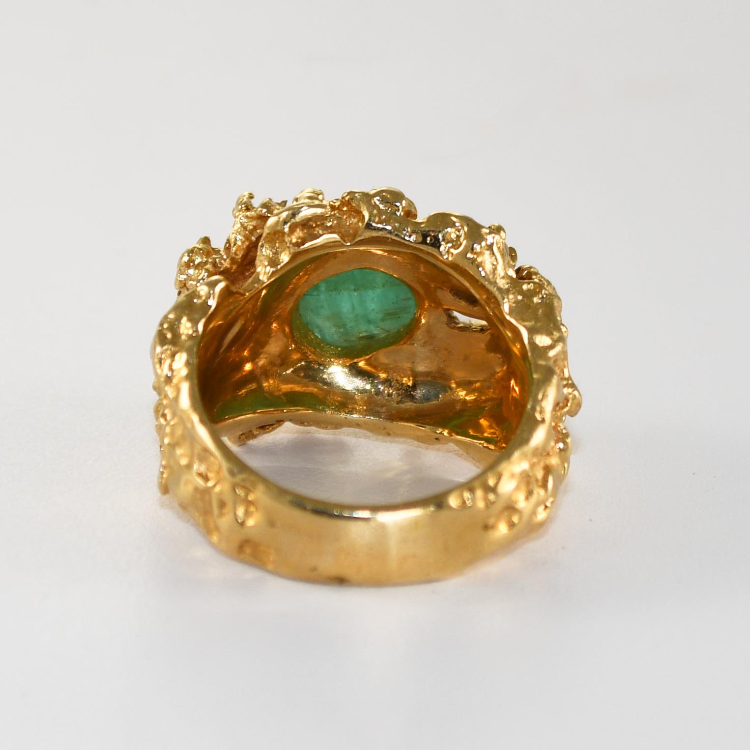 Bague en or jaune 14K style pépite émeraude et diamant 16.8g Excellent état - En vente à Laguna Beach, CA