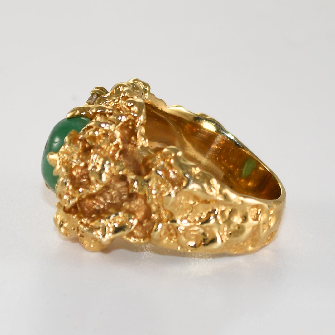 Bague en or jaune 14K style pépite émeraude et diamant 16.8g Unisexe en vente