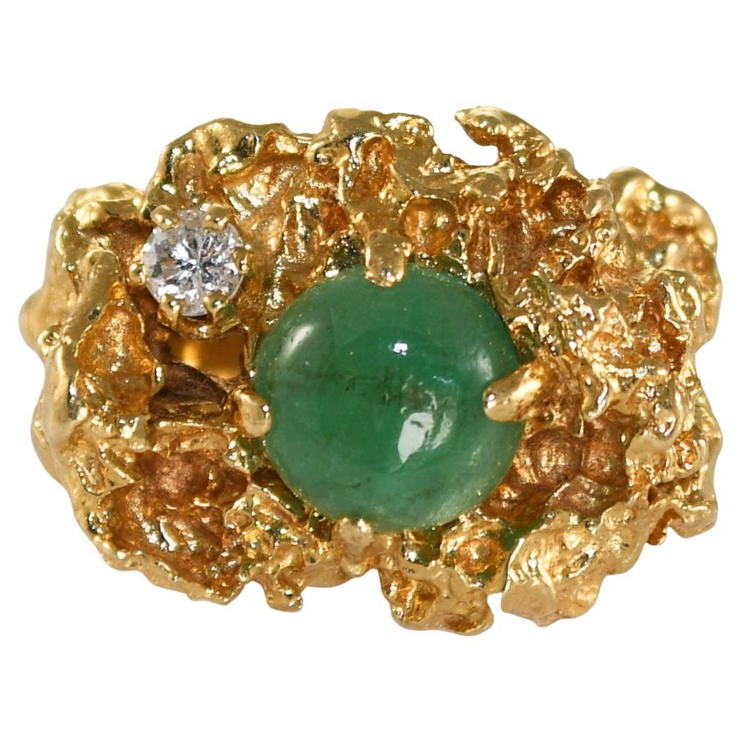 Bague en or jaune 14K style pépite émeraude et diamant 16.8g
