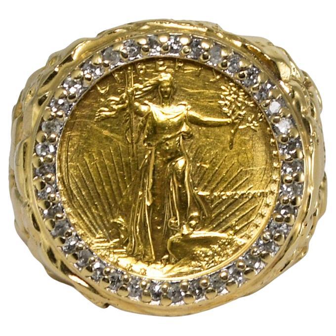 14K Yellow Gold Nugget Style Ring with 1/10 AE Coin