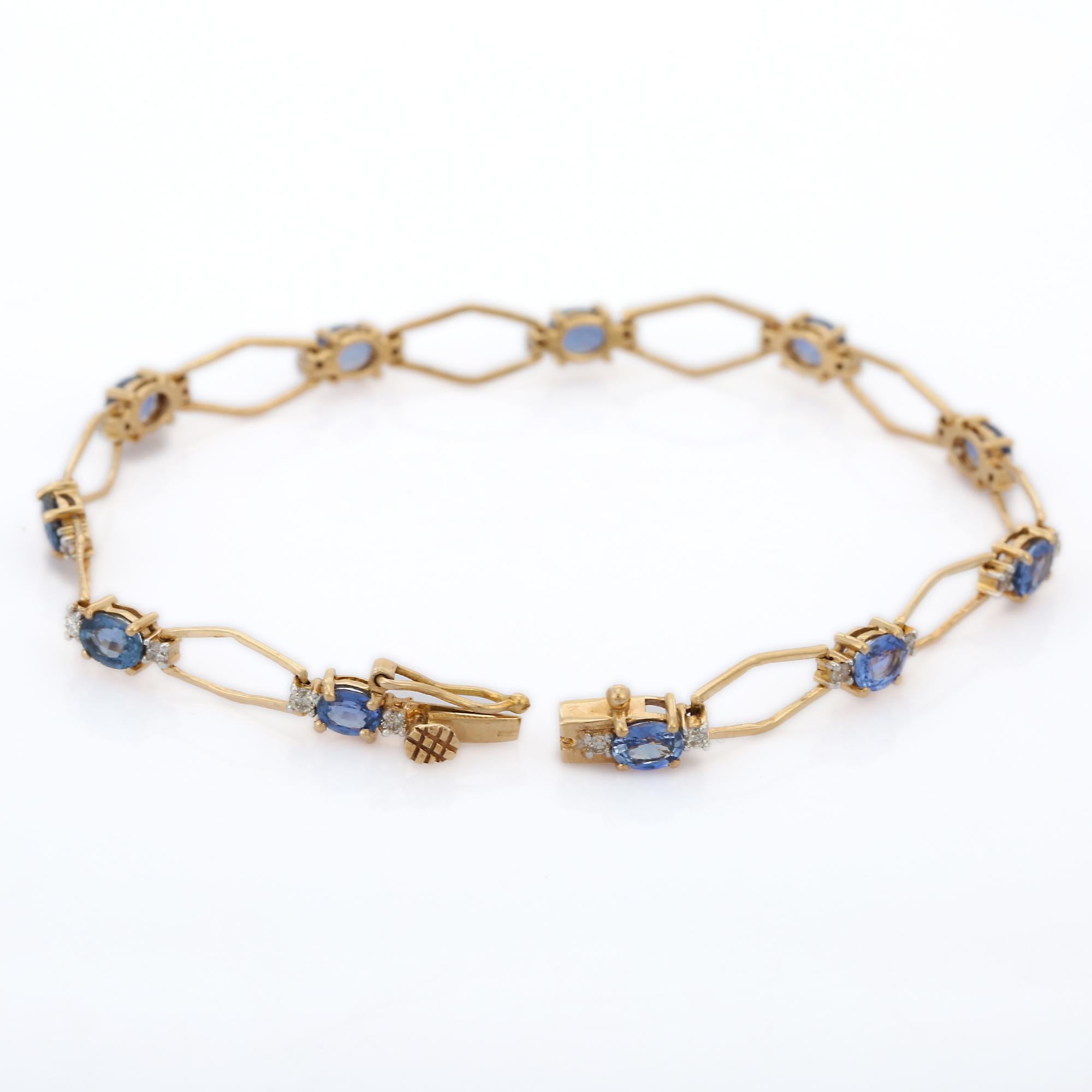 Oval Cut 14K Yellow Gold Octagon Cut Blue Sapphire Diamond Bracelet For Sale