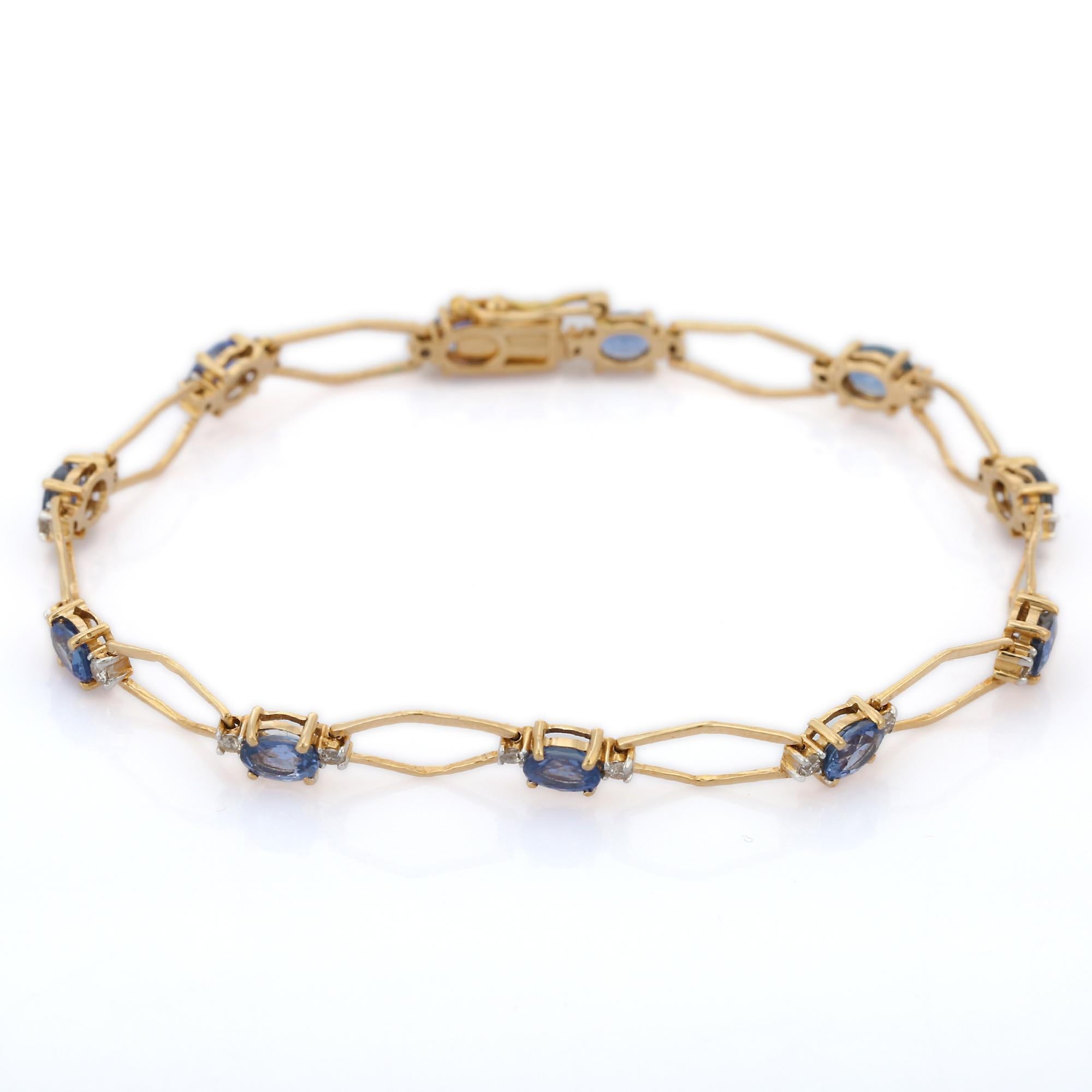 Women's 14K Yellow Gold Octagon Cut Blue Sapphire Diamond Bracelet For Sale