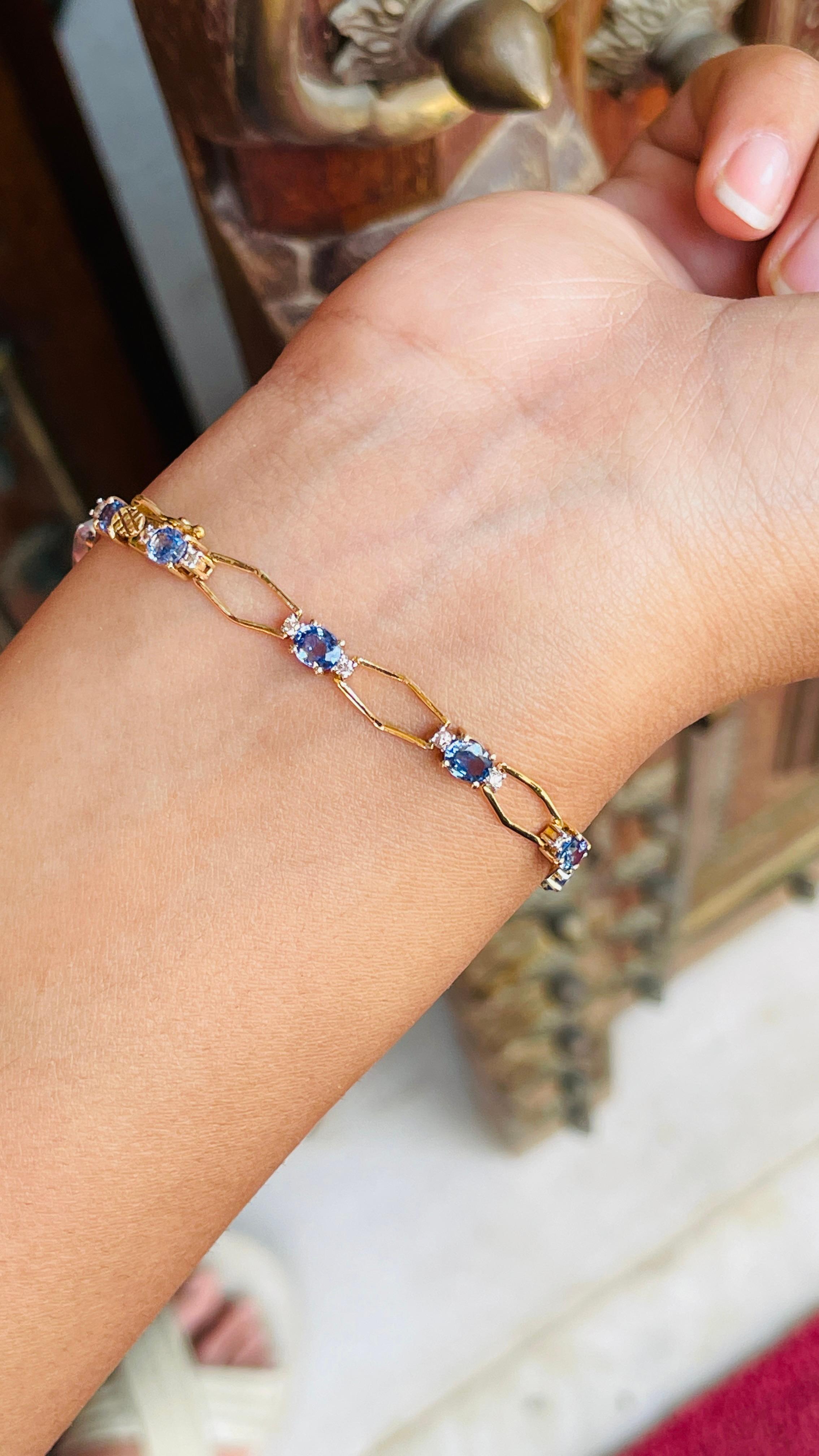 14K Yellow Gold Octagon Cut Blue Sapphire Diamond Bracelet In New Condition For Sale In Houston, TX