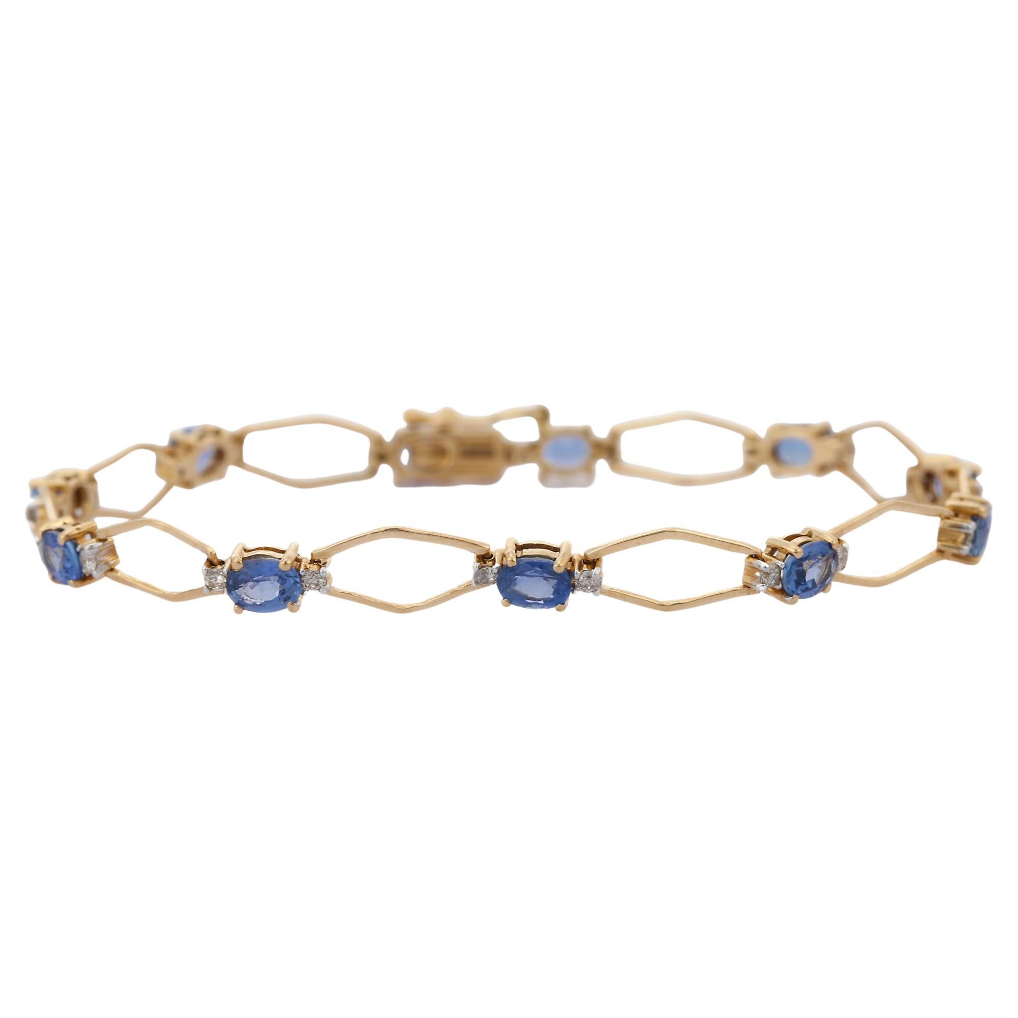 Bracelet en or jaune 14 carats avec saphir bleu taille octogonale et diamants