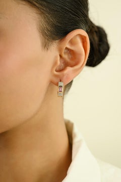 14K Yellow Gold Octagon Pink Sapphire & Diamond Huggie Hoop Earrings for Women