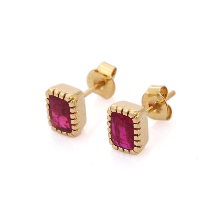 Earrings create a subtle beauty while showcasing the colors of the natural precious gemstones  making a statement.

Octagon cut Ruby Stud earrings in 14K gold. Embrace your look with these stunning pair of earrings suitable for any occasion to