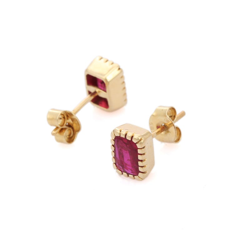 Anglo-Indian 14K Yellow Gold Octagonal 1.86 Ct Ruby Stud Earrings  For Sale