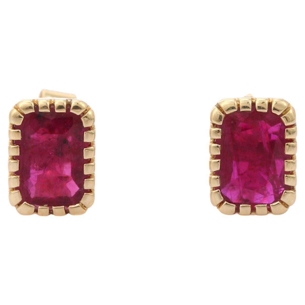 14K Yellow Gold Octagonal 1.86 Ct Ruby Stud Earrings