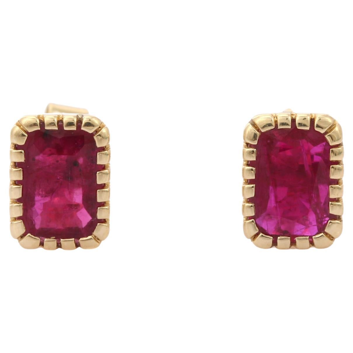 14K Yellow Gold Octagonal 1.86 Ct Ruby Stud Earrings 