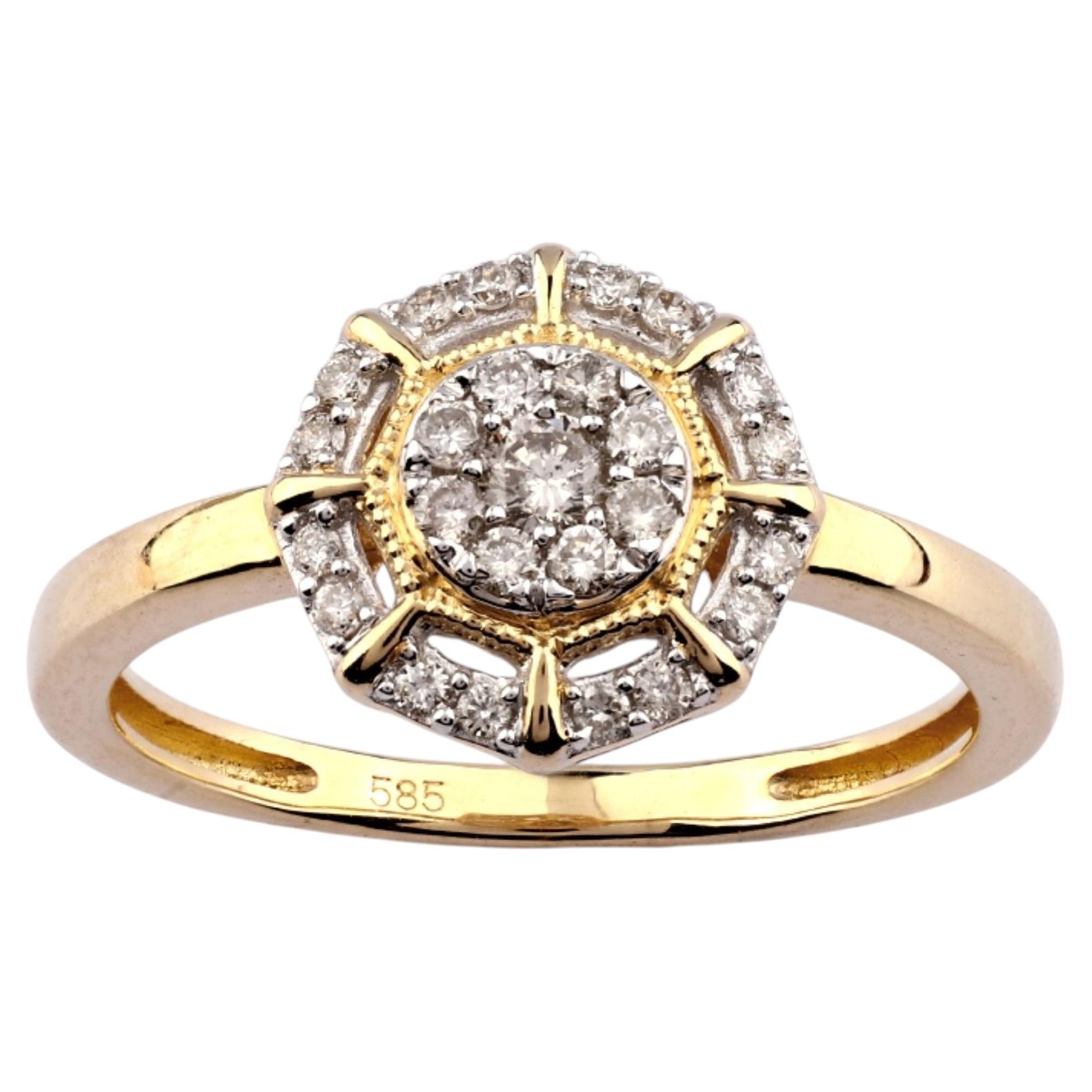 14K Yellow Gold Octagonal Round Cut Diamond Compass Halo Ring For Sale