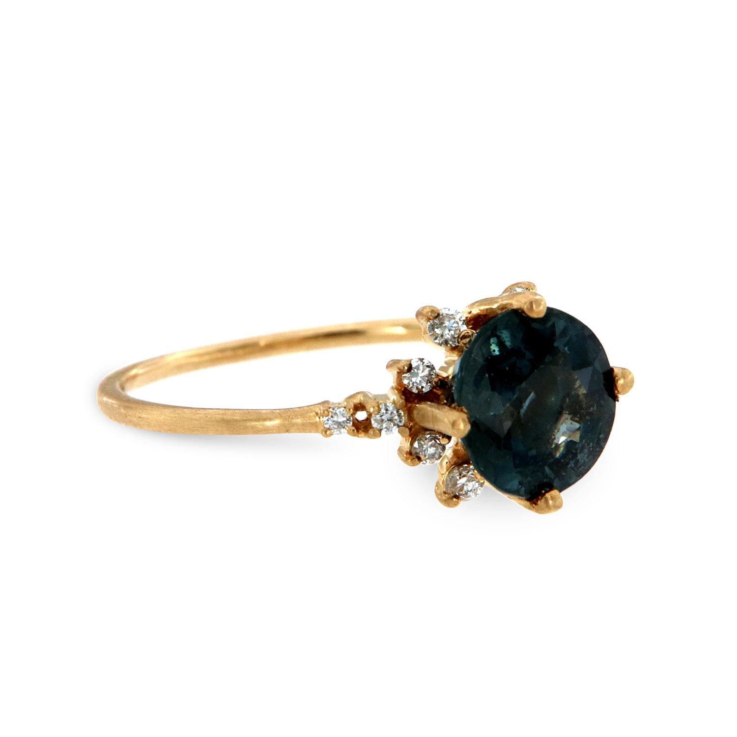 Taglio rotondo Anello con zaffiro non riscaldato in oro giallo 14K Old Cut Teal con diamante 