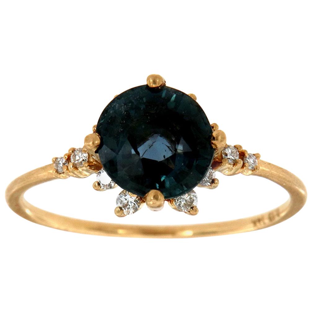 14K Yellow Gold Old Cut Teal Unheated Sapphire Diamond Ring 'Center 1.90 Carat'