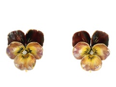 14k Yellow Gold Old Diamond Multi Color Enamel Pansy Flower Screw on Earrings