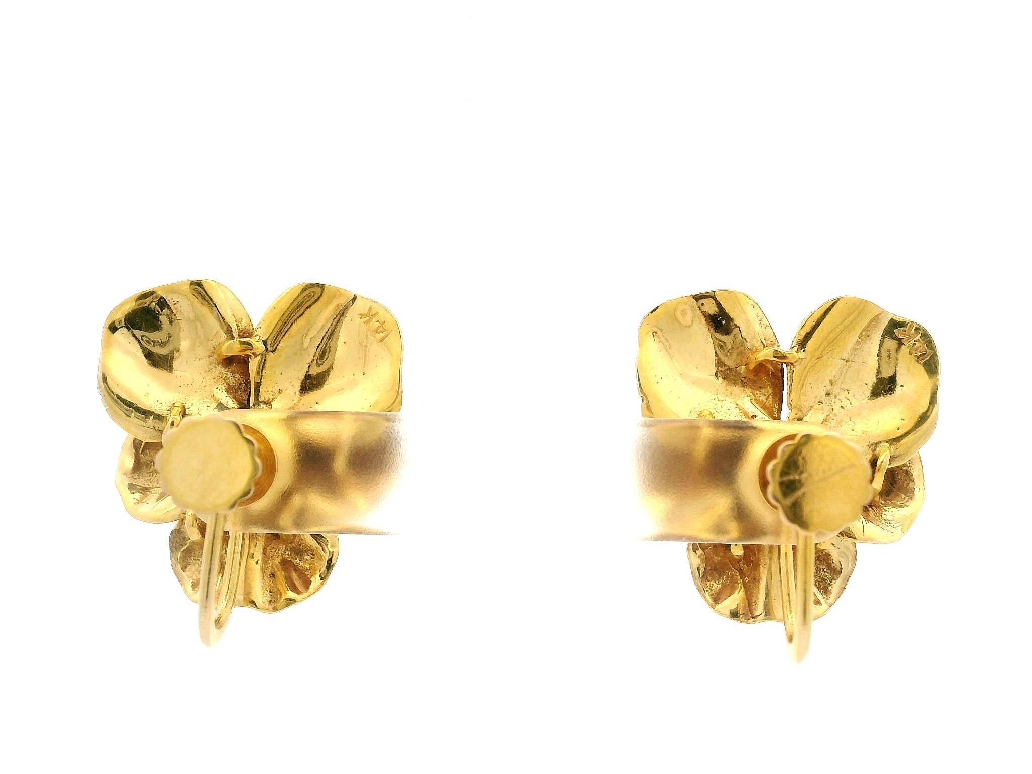 14k Gelb Gold Old Diamond Multi Color Emaille Stiefmütterchen Blume Schraube auf Ohrringe im Angebot 1
