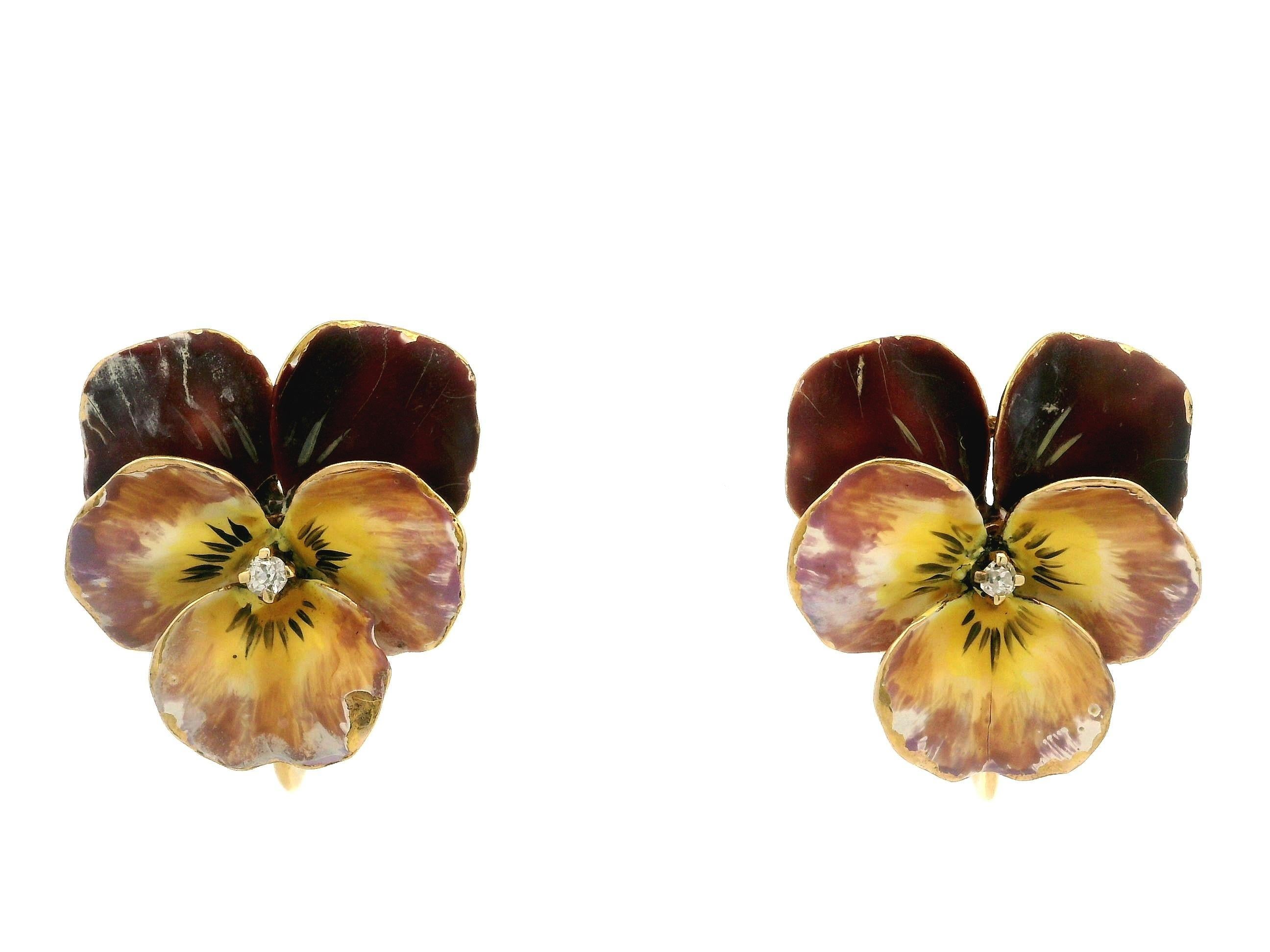 14k Gelb Gold Old Diamond Multi Color Emaille Stiefmütterchen Blume Schraube auf Ohrringe im Angebot 2
