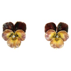 14k Yellow Gold Old Diamond Multi Color Enamel Pansy Flower Screw on Earrings