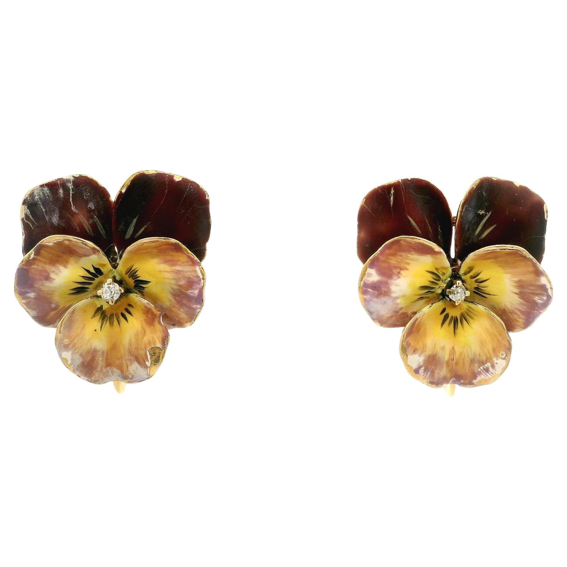 Pendientes de Oro Amarillo de 14k Diamante Viejo Esmalte Multicolor Flor de Pensamiento Atornillados