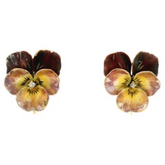 Pendientes de Oro Amarillo de 14k Diamante Viejo Esmalte Multicolor Flor de Pensamiento Atornillados
