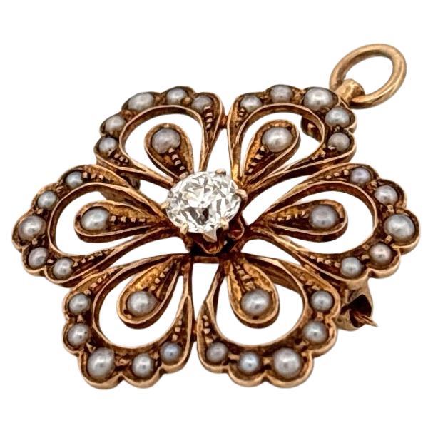 Art Déco Ciondolo con diamante rotondo e perla in oro giallo 14K con taglio europeo antico da 0,40 carati in vendita