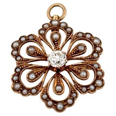 14K Yellow Gold Old European Cut 0.40 Carat Round Diamond & Pearl Pendant