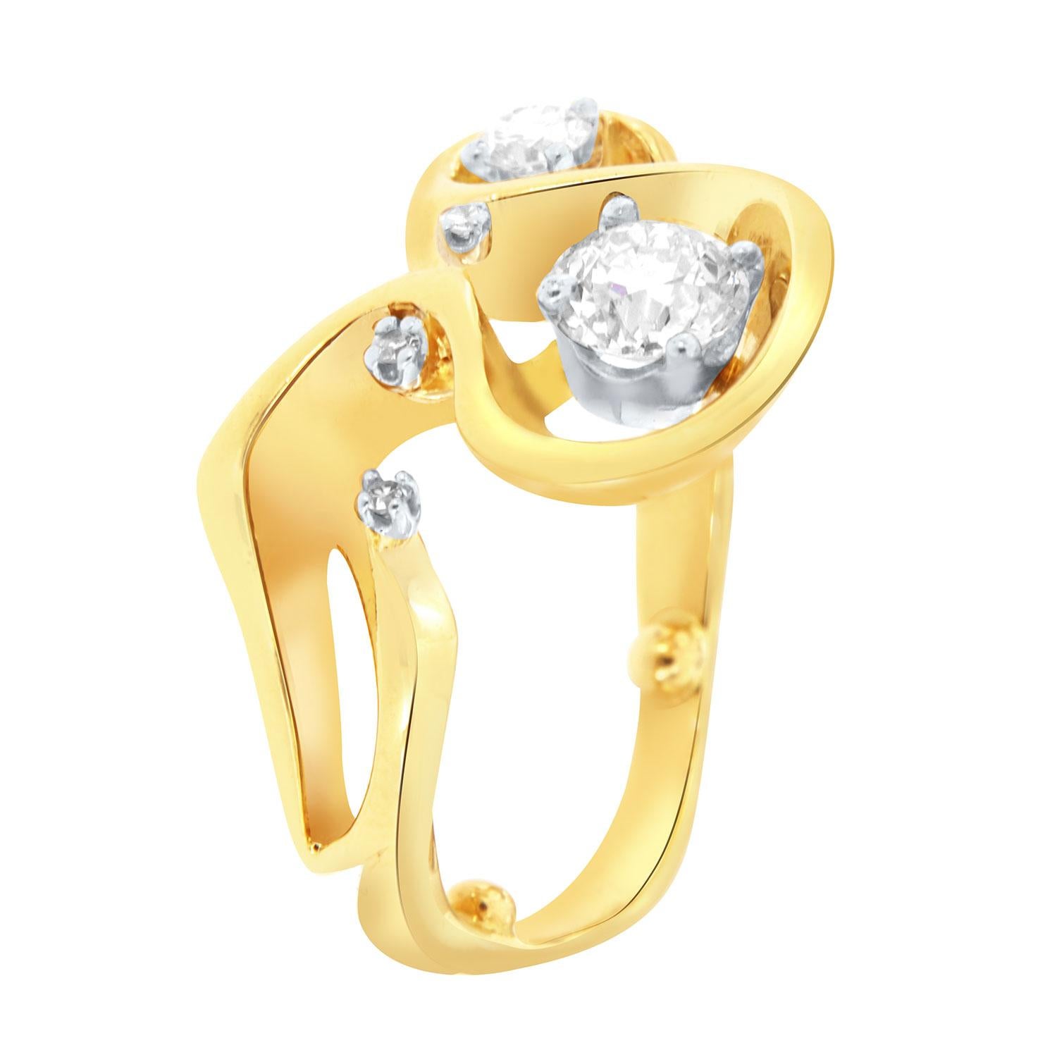 This unique 14k yellow gold estate ring features six (6) round-shape diamonds is approximately 0.83-carat total weight. The center diamond in 0.68 -  Carat G color VS2 in clarity Old-Mine Cut GIA certificate number: 2205807608. Circa 1930. The band