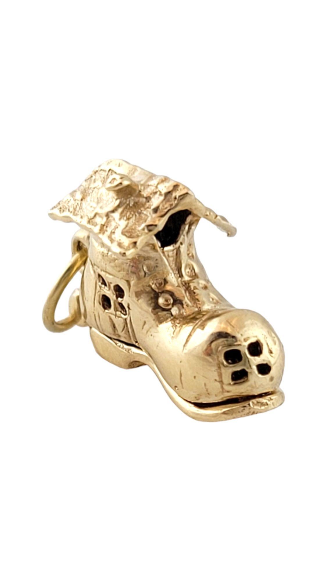 Adorable 14K yellow gold old woman in a shoe charm!

Size: 17.1mm X 12mm X 7mm

Length w/ bail: 21mm

Weight: 3.76 g/ 2.4 dwt

Hallmark: 14K

Very good condition, professionally polished.

Will come packaged in a gift box or pouch (when possible)