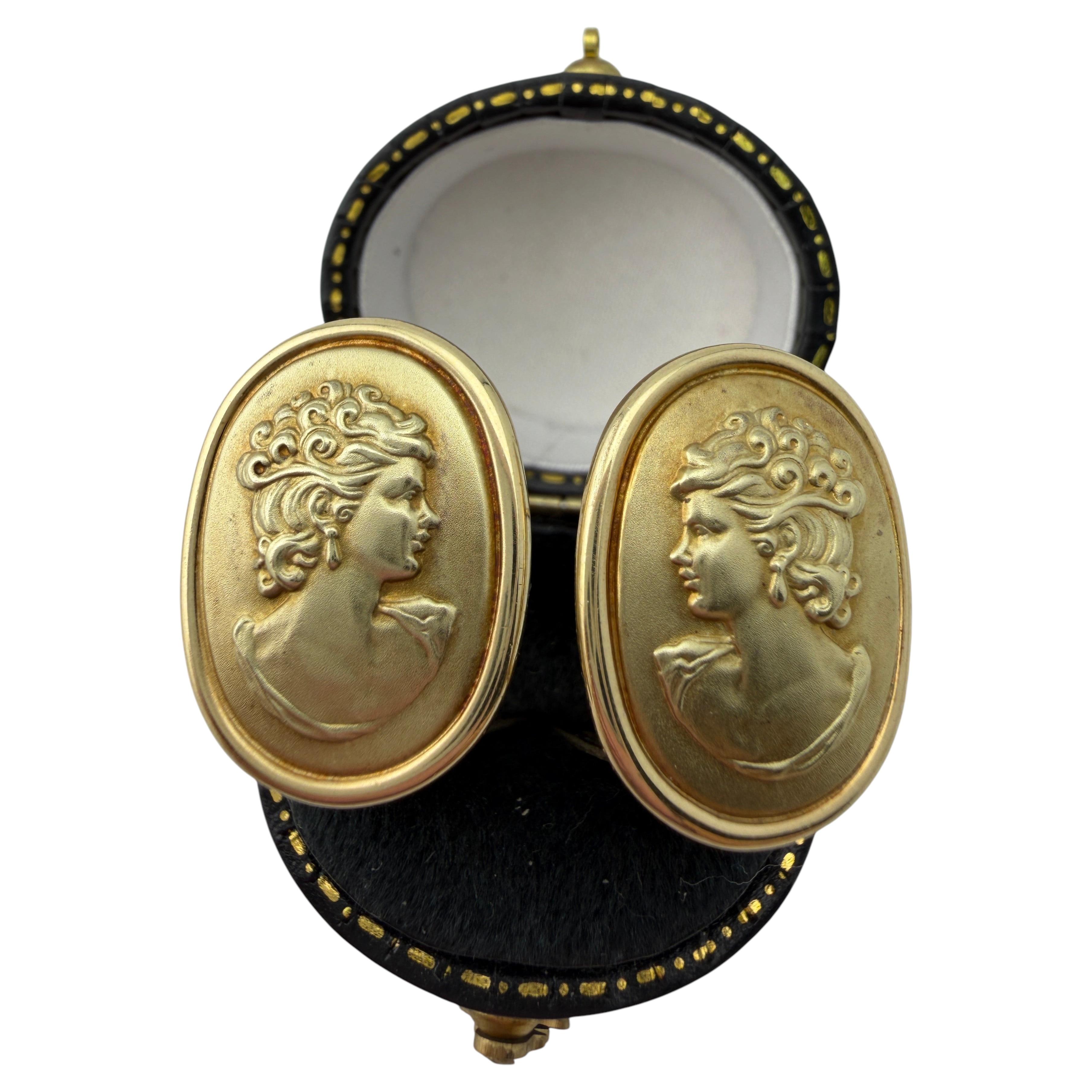 14k Yellow Gold Omega Back Cameo Earrings For Sale