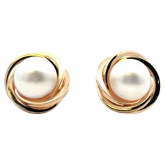 14k Yellow Gold Omega Black Pearl Earrings