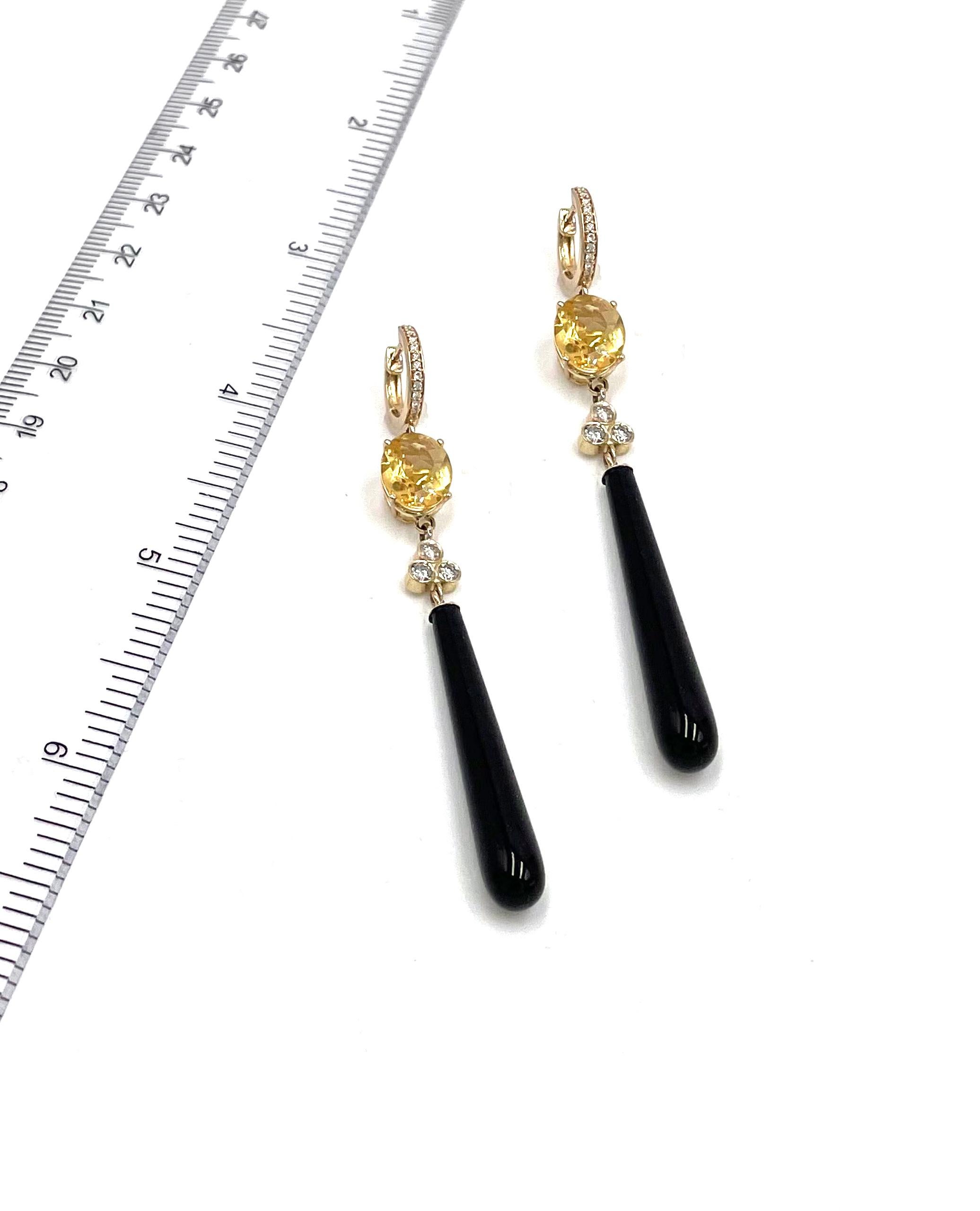 Oval Cut 14K Yellow Gold Onyx and Citrine Long Earrings