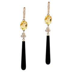14K Yellow Gold Onyx and Citrine Long Earrings