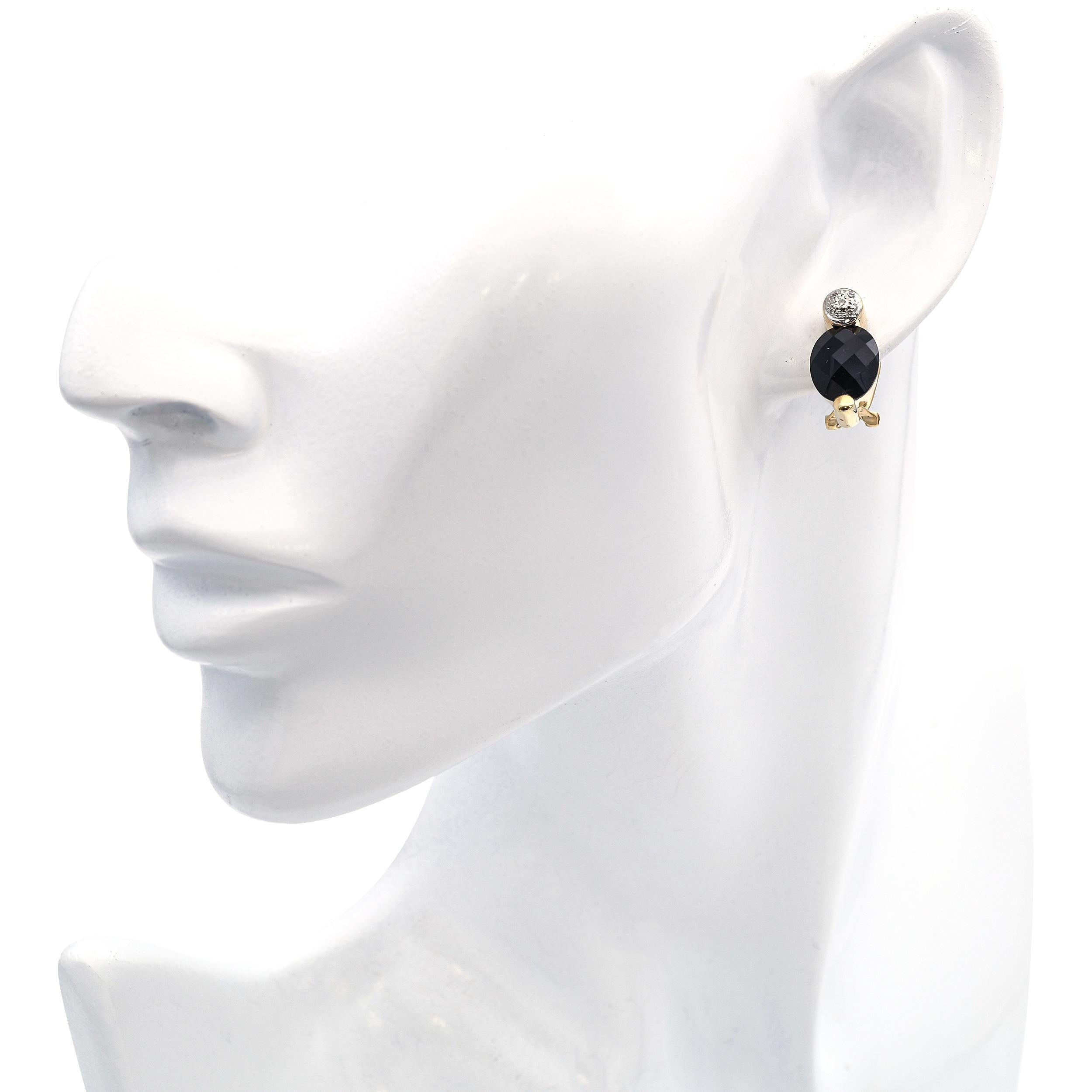 Art Déco 14k Yellow Gold Onyx and Diamond Earrings in vendita